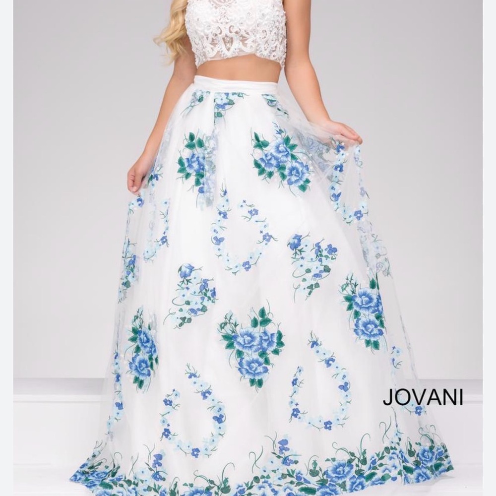 Jovani White and Blue Floral Prom Dress